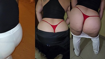 MADURA USANDO HILO ROJO EN LEGGINS TRANSPARENTES CAPTADA EN LA CALLE