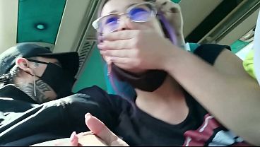 Lucky bus rider gives a blowjob and fucked in public by tattooed Latina