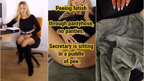 Peeing fetish through pantyhose, no panties. Secretary is sitting in a puddle of pee.