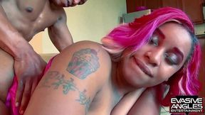 EVASIVE ANGLES Black Ass. The black man takes his big black cock and gives it to her hard. She rides him and fucks her from behind.