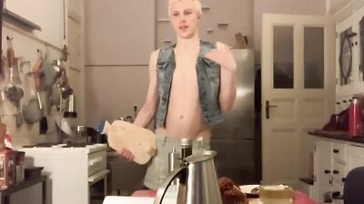 Blonde twink is talking with his fans in live webcam broadcasting