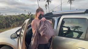 Naked Busty Blonde Walks by Car on Public Road