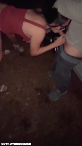 Public gangbang ends with a messy creampie for the cuckold husband