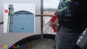 I jerk my cock very riskily in a public, transparent outdoor elevator on the 13th floor.