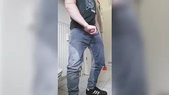 Guy pees and cums in pants and sneakers