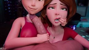 A blowjob and  quick fuck with two milfs 3D animated