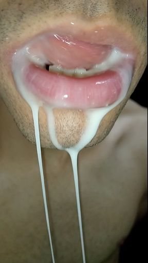 Cum in my mouth, play with your cum, and swallow it, close-up, naughty gay, tongue, sloopy