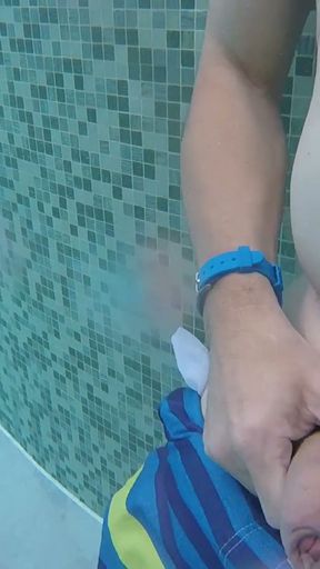 Underwater cam: Taking off your swimming trunks in a public thermal pool and jerking off your shaved cock.   Clip 1