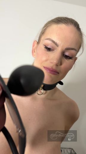 Slim solo girl prepares for a deepthroat with an inflatable gag