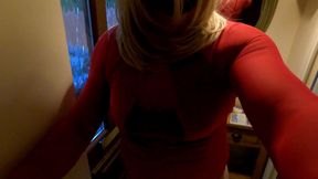Kelly in red velvet dress and nude pantyhose and heels
