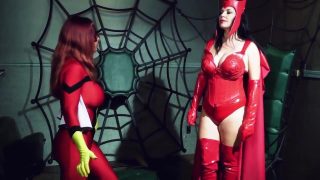 Scarlet Witch and Spider Woman cosplayers fuck each other with strap ons