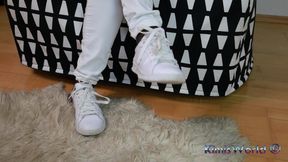 White Sneakers - White Jeans - Black Reinforced Toe Pantyhose