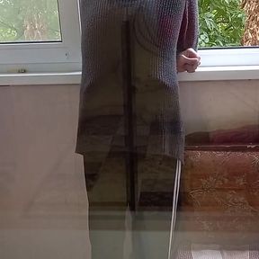 Girl jerks off my cock on the balcony