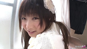 Petite Japanese Step-Sister talk to give her First Time Blowjob in POV and swallow