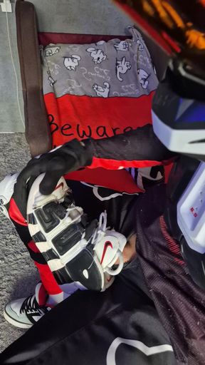 An Excited Guy in Motorcycle Gear Fucks His Sneakers
