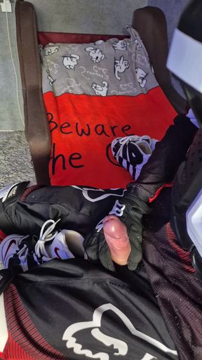 An Excited Guy in Motorcycle Gear Fucks His Sneakers