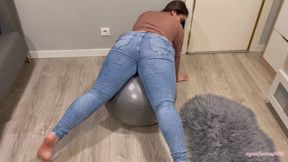 Yoga ball bouncing ass farting in jeans