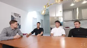 Blonde secretary starts meeting with a gang bang and gives a hot double blowjob