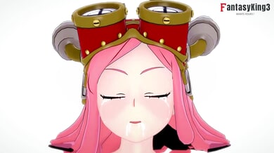 Pink-haired hentai vixen in steampunk goggles takes it in the mouth and on the face