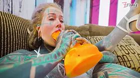 Cute Tattooed girl in Lingerie gaping her asshole wide, fucking herself with big toy, anal prolapse