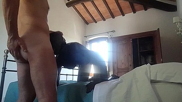 Great blowjob and deepthroat action with oral creampie in condom latex catsuit and high heels