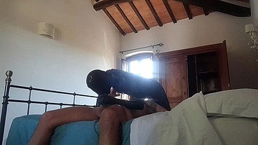Great blowjob and deepthroat action with oral creampie in condom latex catsuit and high heels