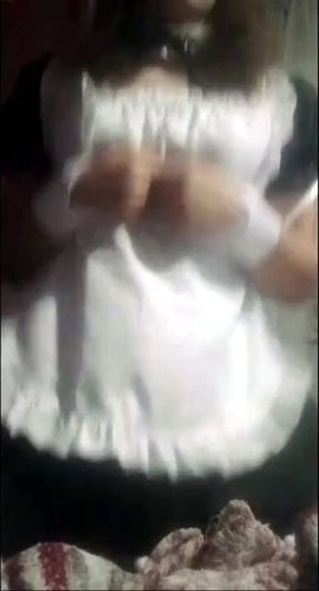 Femboy cosplay maid rides dildo like a desperate slut