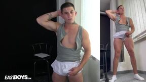 Twink muscle bulk boy flexing with boner