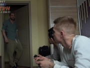 Stepfather and stepson fuck cute friends while they play console