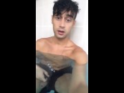 Twink tries to play with his cock in public pool but someone interrupted it