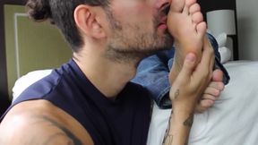 Big Hairy Muscle Hunk Gets Foot Worshiped