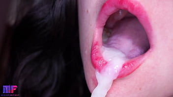 Close-up red lips blowjob, tongue play and oral creampie