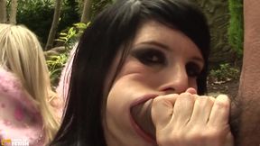 Two Busty Girls Blow Two Guys with Big Dicks and Ride Them with Passion Outdoor