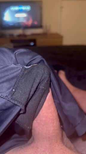 Cum in satin biker shorts