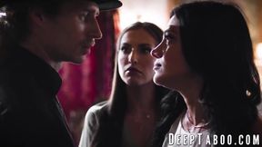 Spencer Bradley & Mona Azar team up to seduce priest & get their hairy pussies licked