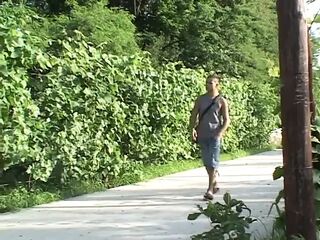 Excited man screwing hawt playgirl doggystyle outdoors
