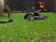 Readhead mowing lawn nude