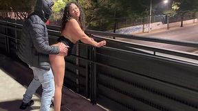 Public threesome hookup with a slutty curly Latina babe in black dress