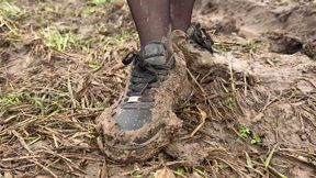 Sneakers in mud, dirty sneakers, nike air one in mud, wrecked sneakers, making sneakers muddy, sneakers on the muddy field
