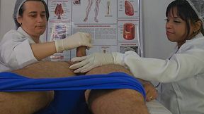Horny doctors play with his hard cock