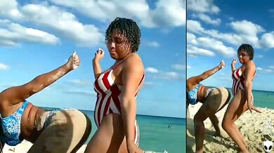 Brazilian beach lovers move to a neon-lit hotel for scissoring and passionate trio play