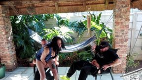 Hot girl playing with two old man's cocksb