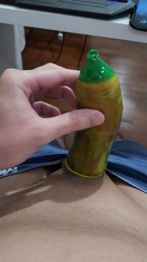 Huge Dick Jerking off with Colorful Condom