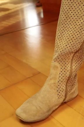 Soft Suede Boots &amp; Fine Black Fishnets - Under Desk Foot Tease