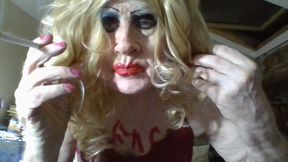 Desperate smoking slag Sarah Shitcunt fucks her hole with a toothbrush, bottle and  huge dildo