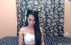 Long haired shemale wanking on cam