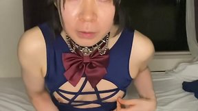 Japanese cosplayer dickgirl solo ejaculation and anal play swim suit