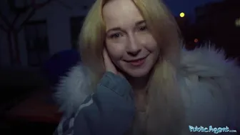 Innocent skinny babe rides big cock in public and gets a face full