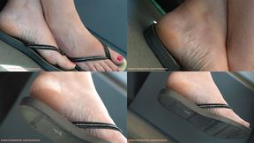 Beauty candid feet slippers dangling, hot bareheels and toes close-up, ignoring foot fetish.