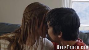 Adorable Laney Grey moans from a spitroast threesome with her boyfriend and older man